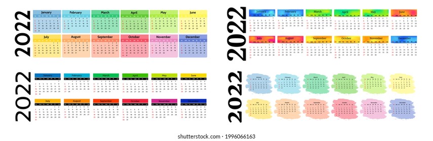 Conjunto de cuatro calendarios horizontales para 2022 aislados en un fondo blanco. De domingo a lunes, plantilla de negocios. Ilustración del vector