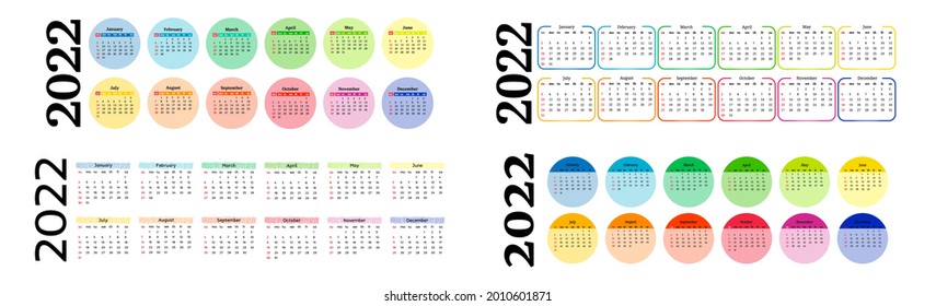 Set of four horizontal calendars for 2022 isolated on a white background. Sunday to Monday, business template. Vector illustration