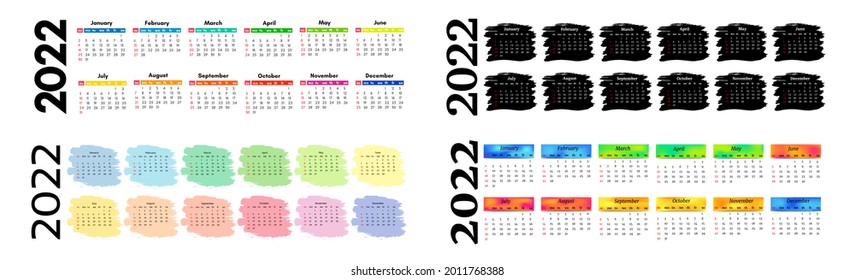 Set of four horizontal calendars for 2022 isolated on a white background. Sunday to Monday, business template. Vector illustration