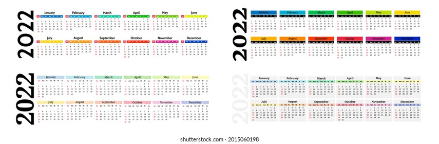 Set of four horizontal calendars for 2022 isolated on a white background. Sunday to Monday, business template. Vector illustration