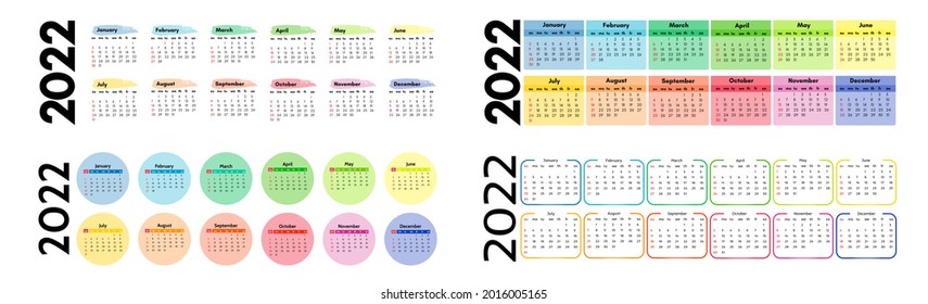 Set of four horizontal calendars for 2022 isolated on a white background. Sunday to Monday, business template. Vector illustration