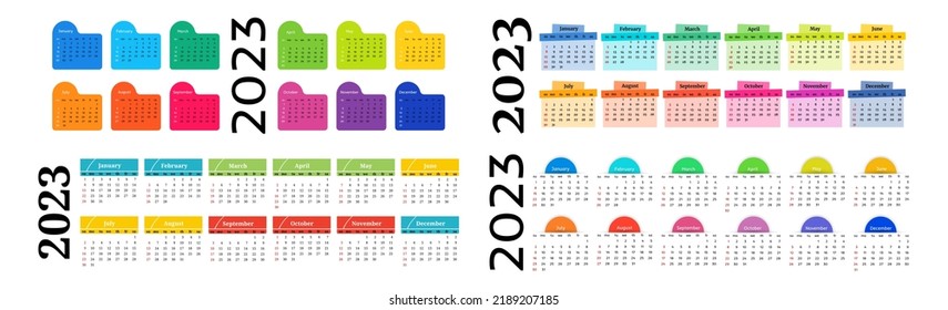 Set of four horizontal calendars for 2023 isolated on a white background. Sunday to Monday, business template. Vector illustration