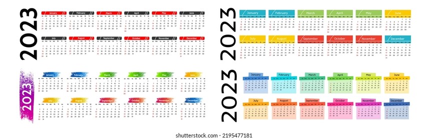 Set of four horizontal calendars for 2023 isolated on a white background. Sunday to Monday, business template. Vector illustration