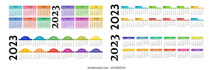 Conjunto de cuatro calendarios horizontales para 2023 aislados en un fondo blanco. De domingo a lunes, plantilla de negocios. Ilustración del vector