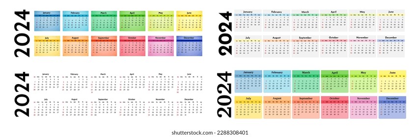 Set of four horizontal calendars for 2024 isolated on a white background. Sunday to Monday, business template. Vector illustration