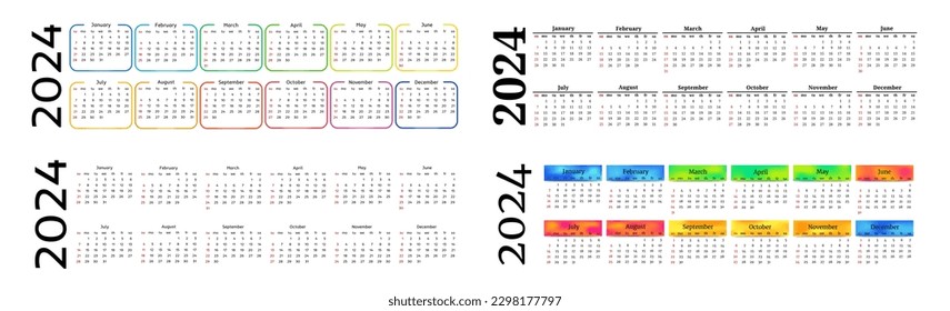 Set of four horizontal calendars for 2024 isolated on a white background. Sunday to Monday, business template. Vector illustration
