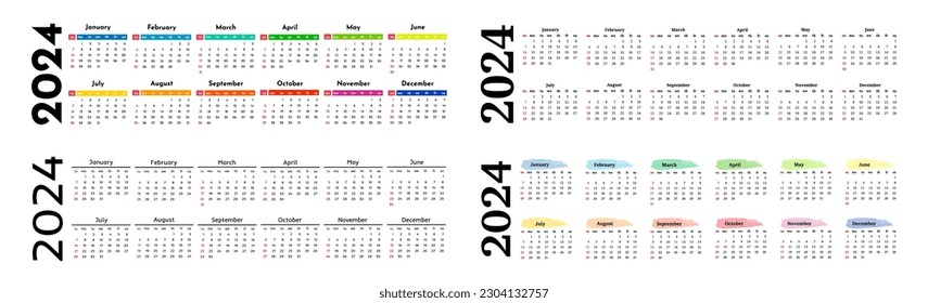 Set of four horizontal calendars for 2024 isolated on a white background. Sunday to Monday, business template. Vector illustration