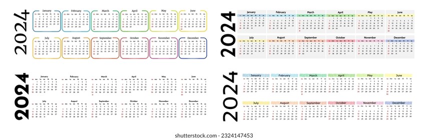 Set of four horizontal calendars for 2024 isolated on a white background. Sunday to Monday, business template. Vector illustration