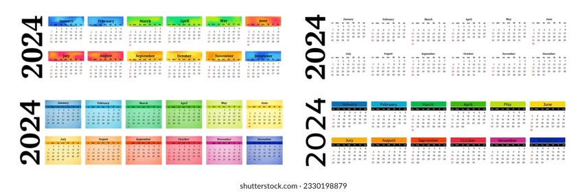Conjunto de cuatro calendarios horizontales para 2024 aislados en un fondo blanco. De domingo a lunes, plantilla de negocios. Ilustración del vector