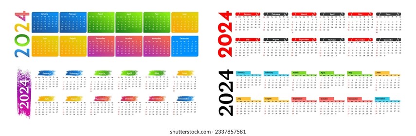 Set of four horizontal calendars for 2024 isolated on a white background. Sunday to Monday, business template. Vector illustration