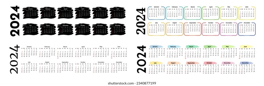 Set of four horizontal calendars for 2024 isolated on a white background. Sunday to Monday, business template. Vector illustration