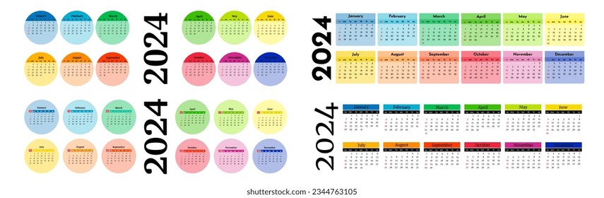 Set of four horizontal calendars for 2024 isolated on a white background. Sunday to Monday, business template. Vector illustration
