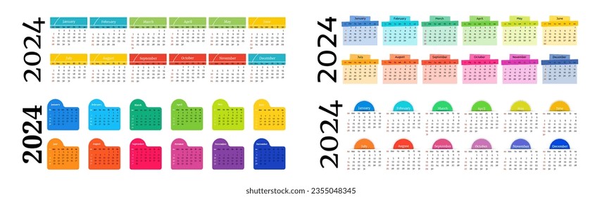 Set of four horizontal calendars for 2024 isolated on a white background. Sunday to Monday, business template. Vector illustration
