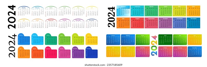 Set of four horizontal calendars for 2024 isolated on a white background. Sunday to Monday, business template. Vector illustration