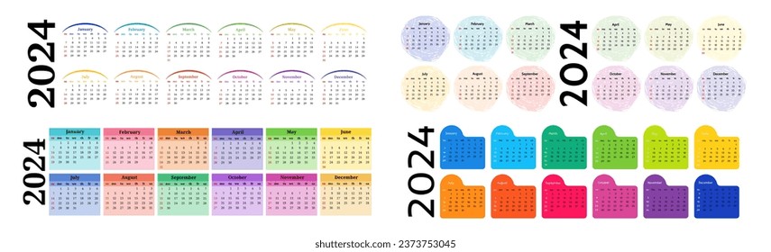 Set of four horizontal calendars for 2024 isolated on a white background. Sunday to Monday, business template. Vector illustration