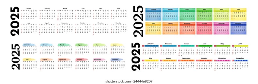 Set of four horizontal calendars for 2025 isolated on a white background. Sunday to Monday, business template. Vector illustration
