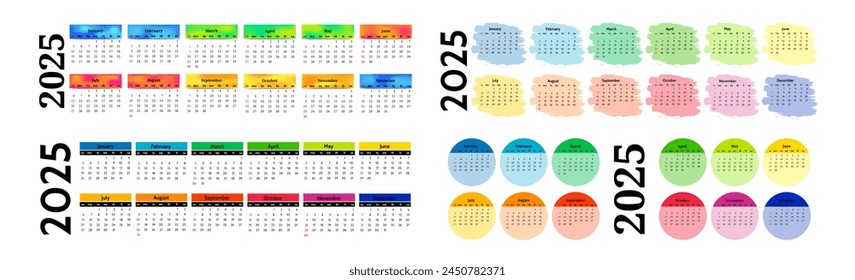 Set of four horizontal calendars for 2025 isolated on a white background. Sunday to Monday, business template. Vector illustration