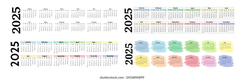 Set of four horizontal calendars for 2025 isolated on a white background. Sunday to Monday, business template. Vector illustration