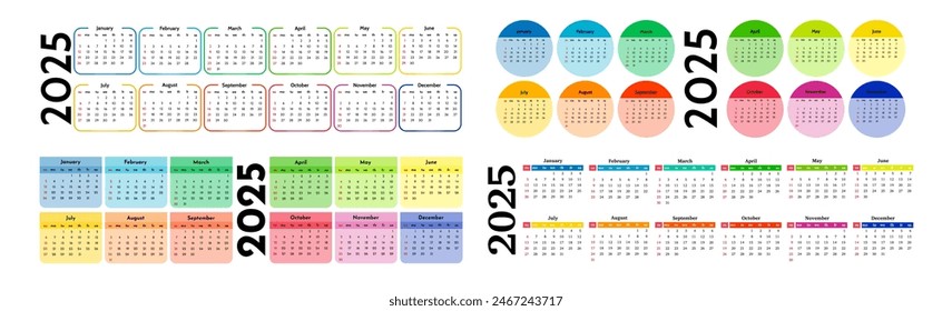 Set of four horizontal calendars for 2025 isolated on a white background. Sunday to Monday, business template. Vector illustration