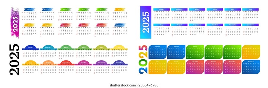 Set of four horizontal calendars for 2025 isolated on a white background. Sunday to Monday, business template. Vector illustration