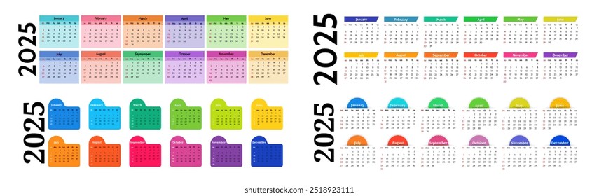 Set of four horizontal calendars for 2025 isolated on a white background. Sunday to Monday, business template. Vector illustration