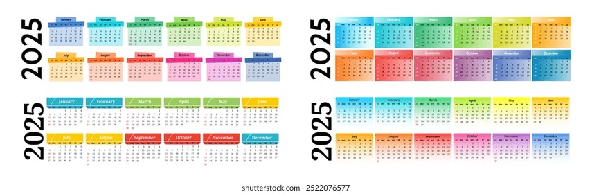 Conjunto de quatro calendários horizontais para 2025 isolado em um fundo branco. De domingo a segunda-feira, modelo de negócios. Ilustração vetorial