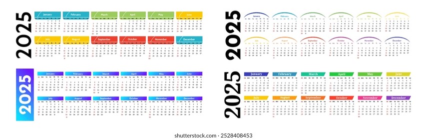 Conjunto de quatro calendários horizontais para 2025 isolado em um fundo branco. De domingo a segunda-feira, modelo de negócios. Ilustração vetorial