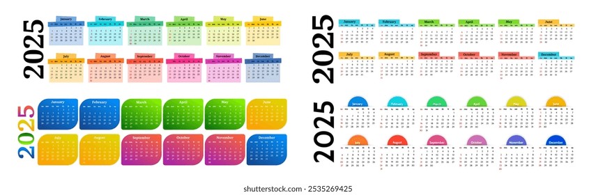 Conjunto de cuatro calendarios Horizontales para 2025 aislados sobre un fondo blanco. De domingo a lunes, Plantilla de negocios. Ilustración vectorial