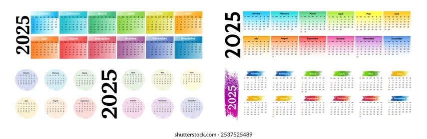 Conjunto de cuatro calendarios Horizontales para 2025 aislados sobre un fondo blanco. De domingo a lunes, Plantilla de negocios. Ilustración vectorial