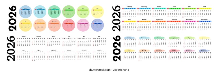Set of four horizontal calendars for 2026 isolated on a white background. Sunday to Monday, business template. Vector illustration