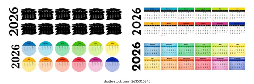 Set of four horizontal calendars for 2026 isolated on a white background. Sunday to Monday, business template. Vector illustration