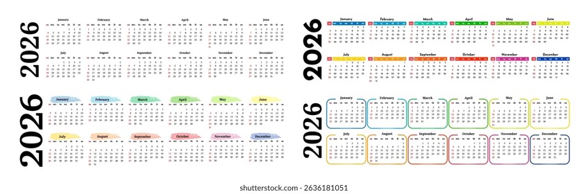 Set of four horizontal calendars for 2026 isolated on a white background. Sunday to Monday, business template. Vector illustration