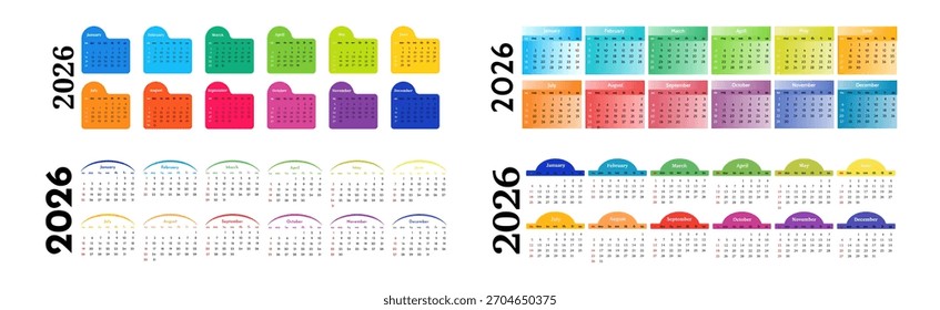 Conjunto de cuatro calendarios Horizontales para 2026 aislados sobre un fondo blanco. De domingo a lunes, Plantilla de negocios. Ilustración vectorial