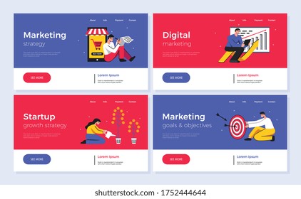 Conjunto de cuatro banners de color horizontal para el marketing digital y el inicio aislados en fondo gris ilustración vectorial plana
