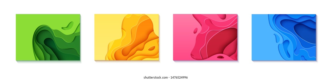 Set of four horizontal flyers in cut paper style. Blue, green, yellow and pink template for posters, brochures, presentations, invitations with place for text . Collection of vector cards