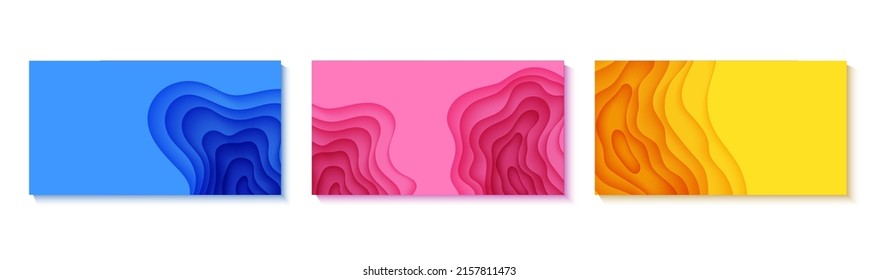 Set of four horizontal flyers in cut paper style. Blue, yellow and pink template for posters, brochures, presentations, invitations with place for text . Collection of vector cards