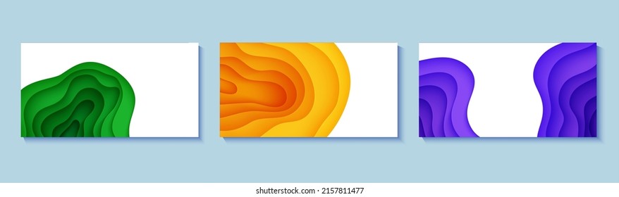 Set of four horizontal flyers in cut paper style. Green, yellow and violet purple template for posters, brochures, presentations, invitations with place for text . Collection of vector cards