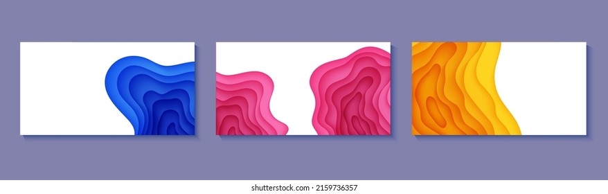 Set of four horizontal flyers in cut paper style. Blue, yellow and pink template for posters, brochures, presentations, invitations with place for text . Collection of vector cards