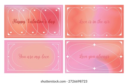 Conjunto de cuatro Anuncios románticos Horizontales con Gradientes suaves de color rosa y naranja, marcos elegantes, estrellas y citas de amor. Perfecto para publicaciones de San Valentín, tarjetas, invitaciones, anuncios y Diseño web. Vector.