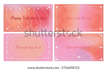 Set of four horizontal romantic banners with soft pink and orange gradients, elegant frames, stars and love quotes. Perfect for Valentine Day posts, cards, invitations, ads and web design. Vector.