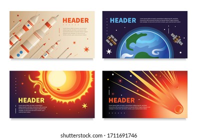 Set of four horizontal space banners with editable header text and images of planets and rockets vector illustration
