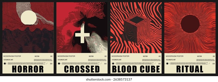 Set of four horror style vector posters with abstract, wavy op-art patterns in bold red, black, and beige tones. The trending modernism style combines futuristic and minimalist.