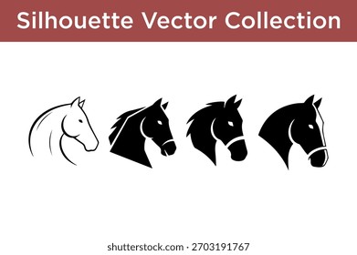 Un conjunto de cuatro ilustraciones de cabeza de caballo, incluyendo una línea de arte y tres siluetas negras sólidas.