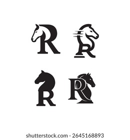 A set of four horse head and letter r logo designs in black and white vector format