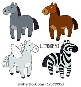 Set of Four Horses isolated. Gray, Brown, Angel, Zebra