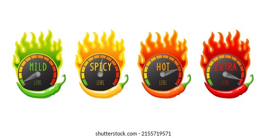 A set of four hot chili peppers, different colors, red, yellow, orange and green. Spiciness level, mild; spicy, hot, extra. Element for packing.