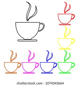 Set of four hot coffee cups, black, red, green, yellow, smoke, white background.