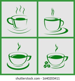 Set of four hot coffee cups in flat style, Happy weekend vector illustration