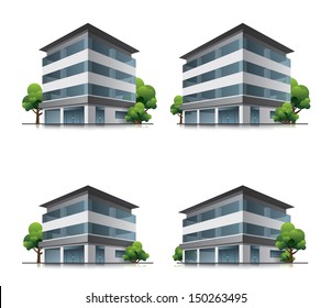 Set of four hotel or business office vector building icons with trees