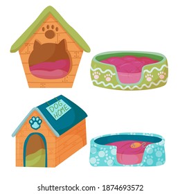 a set of four houses and beds for a cat or dog. Accessories for pets. An element from a set of doodles drawn by hand. Isolated illustration on a white background.